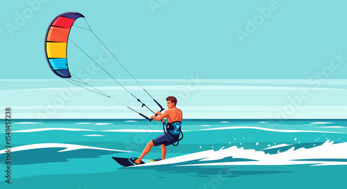 Kitesurfing in Turquoise Ocean Vector Illustration for Microstock
