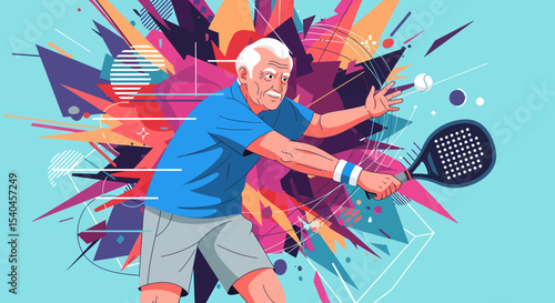Active Senior Paddle Player with Dynamic Abstract Background Illustration