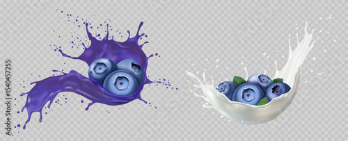 Blueberry in splash. 3D realistic bilberry juice cream. Fruit liquid yogurt splashing. Falling fresh drops. Natural blackberry and dairy drips. Healthy dessert. Vector isolated elements set