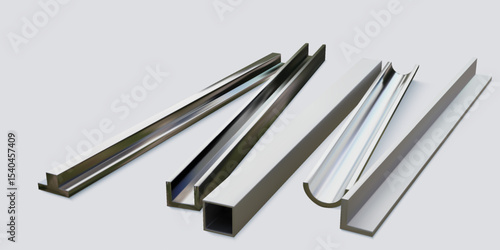 Steel bar. Aluminum metal profile or iron square angle rolled stock. Chrome girder. Stainless 3D fittings. Round metallic tube. Architecture columns. Vector construction objects set