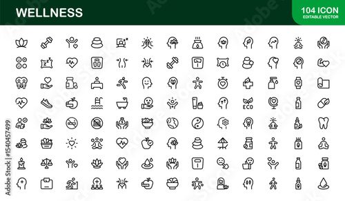 Vector Wellness Icons Collection Including Yoga, Mindfulness, Nutrition, and Relaxation Symbols