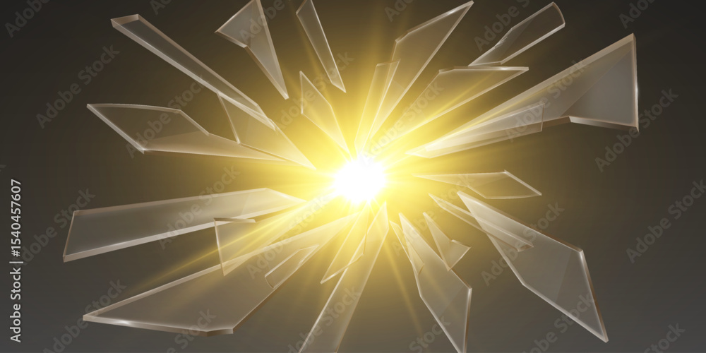 Obraz premium Shattered glass explosion with bright yellow light burst on dark background