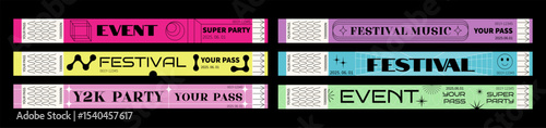 Concert ticket. Event bracelet pass. Cinema party sticker. Hand bracelet mockup with performance logo. Disco club show entrance. Aesthetic design stripes. Vector festival wristbands set