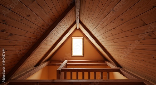 Symmetrical Attic with Warm Wooden Interior and Small Window