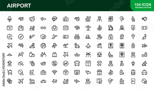 Airport Icon Set Featuring Airplanes, Terminals, Luggage, and Travel Symbols in Vector Style