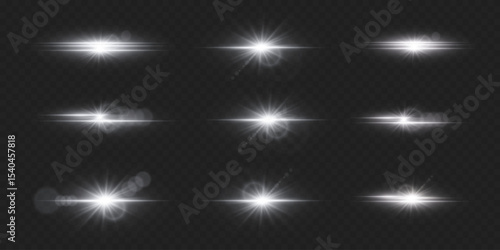 Set of white glowing light effects with highlights. On a transparent background.