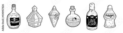 Poison bottle set. Magic vintage potion, alchemy love hand drawn jar or alchemist, chemistry science vial. Flasks love elixir. Vector cartoon art isolated sketch magical elements