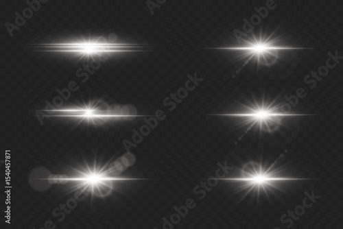 Set of white glowing light effects with highlights. On a transparent background.