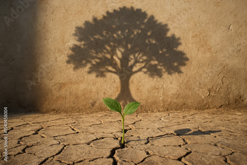 The growth a small seedling in cracked dry soil symbolizes progress and resilience reflecting potential for success and stability