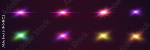 Set of glowing light effects with glare. Explosion of flares and stars.