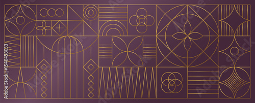 Art deco pattern. Gold luxury frame, gatsby line invitation or premium brown cover, abstract style. Horizontal premium decorative banner. Creative golden geometry. Vector background
