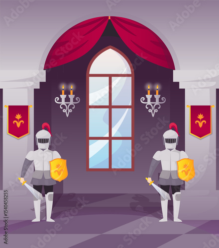 Medieval castle. Royal hall interior. Window and red curtains. Knights with armor and swords. historical dungeon corridor. Candlestick on wall. Fortress architecture. Vector kingdom scene