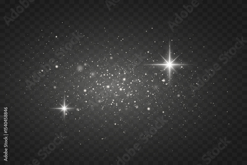 White sparkling glitter dust and glowing stars. On transparent background