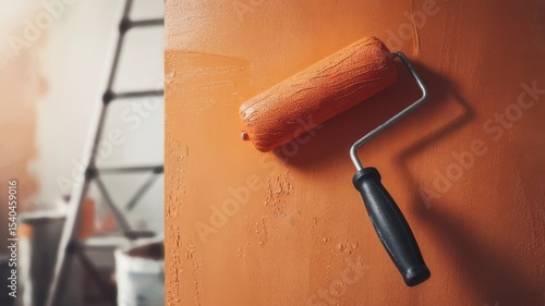 Freshly painted terracotta wall texture with painting roller tool indoors