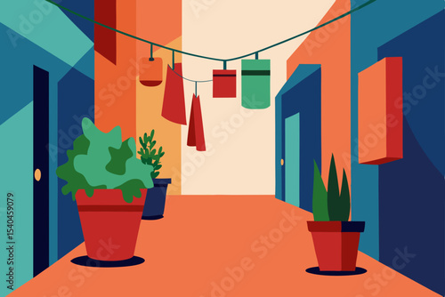 Vibrant Alleyway Laundry Hanging in Colorful Urban Courtyard
