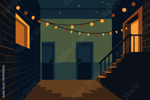 a back alley lit by fire escape fairy lights 