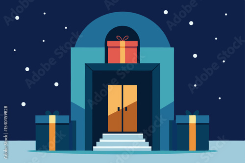 a boutique hotel entrance with giant glowing gift  