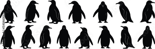 Charming Penguin Silhouette Collection: Diverse Black and White Antarctic Bird Illustrations for Wildlife, Animal, and Winter-Themed Designs