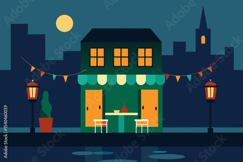 a canal side caf  in a european city glowing 