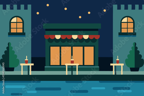 a canal side caf  in a european city glowing 
