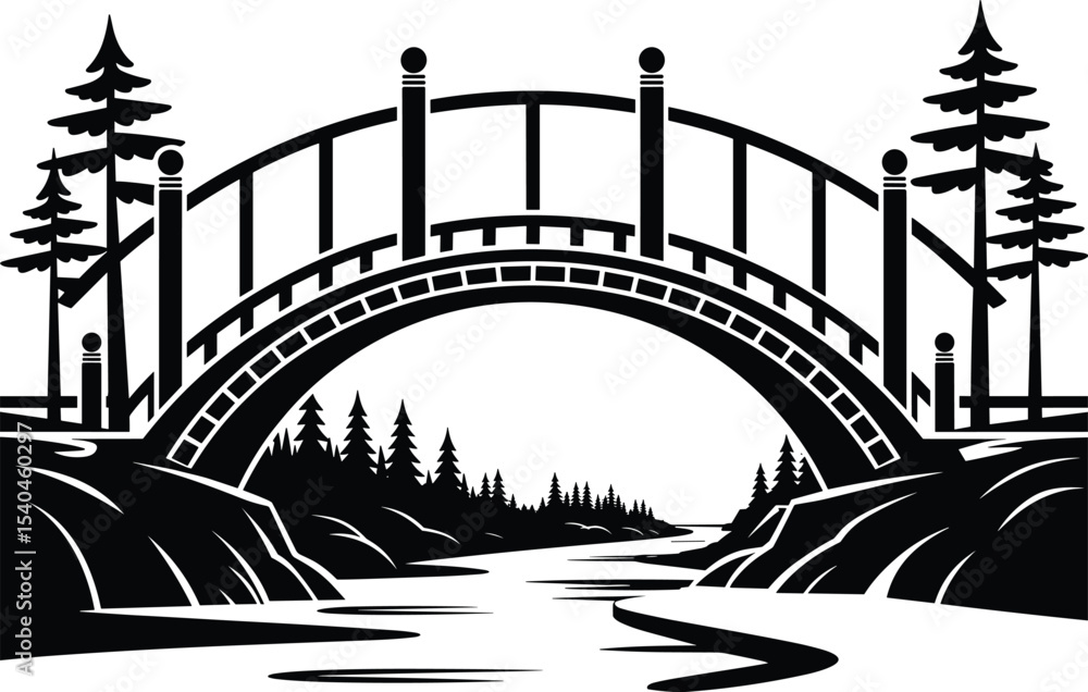 Naklejka premium Tranquil Arch Bridge Landscape Silhouette: Scenic River with Pine Trees and Elegant Architecture, Ideal for Nature, Travel, and Outdoor Designs
