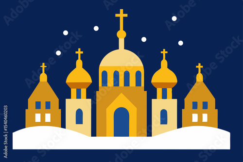 a cathedral square with golden domes glowing 