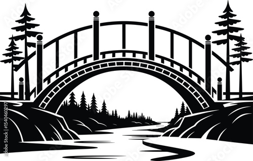 Tranquil Arch Bridge Landscape Silhouette: Scenic River with Pine Trees and Elegant Architecture, Ideal for Nature, Travel, and Outdoor Designs