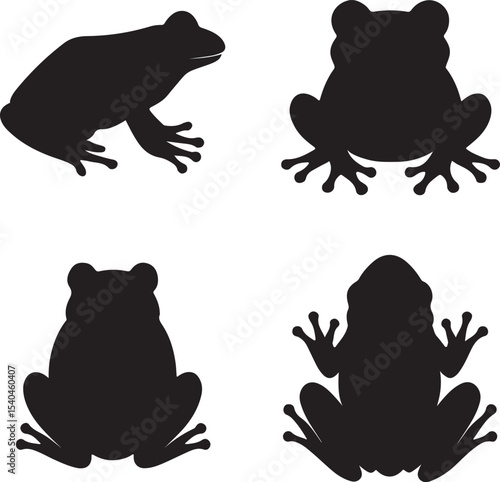 Frog silhouette icons set side, front, back, and top views vector art illustration