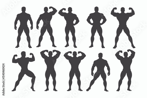 Ten muscular bodybuilder silhouettes posing