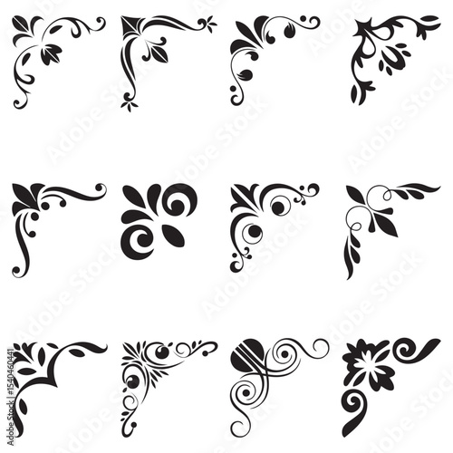 Set of twelve elegant black ornamental floral corner elements with swirl and leaf designs