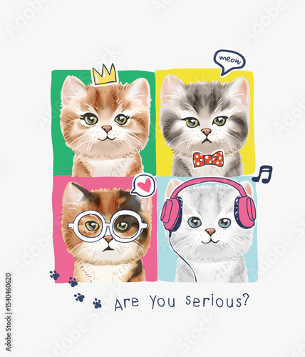 cartoon cute kittens with accessories vector illustration