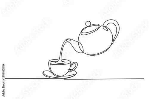 Continuous line drawing teapot pouring tea into cup