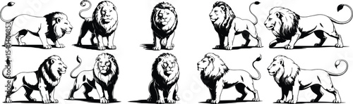 Powerful Lion Animal Silhouettes in Various Dynamic Poses, Ideal for Wildlife, Strength, and Nature Designs