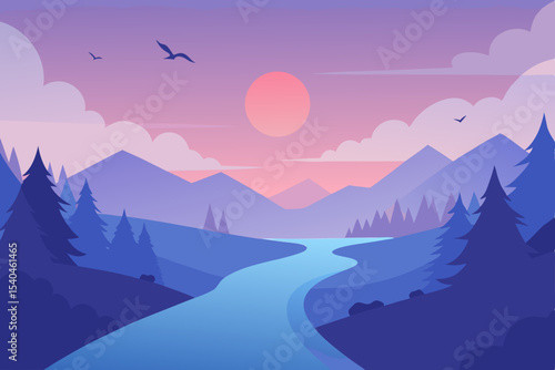 Serene Sunset Landscape Purple Mountains, River, and Birds in Flight