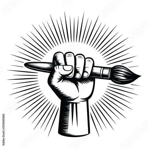 A clenched fist powerfully gripping a large paintbrush surrounded by radiating lines a strong