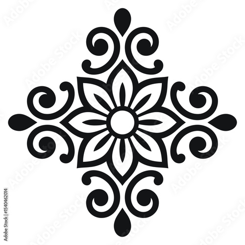 Black and White Floral Mandala Design Symmetrical Pattern Elegant Ornate Decorative Element