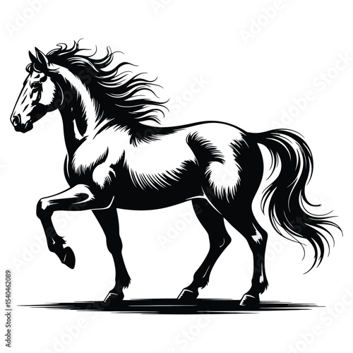 Black and White Illustration of a Majestic Horse with Flowing Mane and Tail Standing on a White