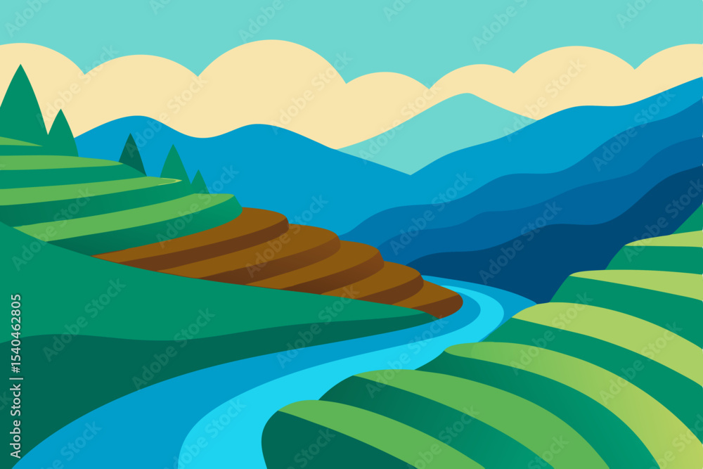 Obraz premium Serene Rice Terraces and Winding River A Breathtaking Landscape Illustration