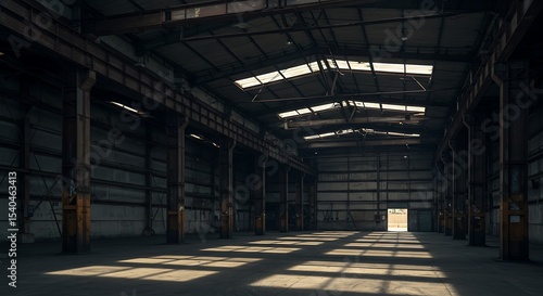 Old Factory Interior with Metal Beams, High Ceilings, and Natural Light from Above