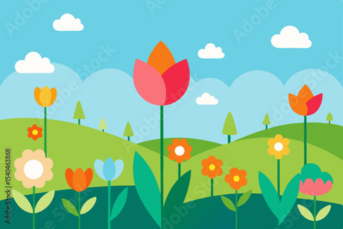 Vibrant Spring Meadow Colorful Tulips and Flowers in a Sunny Landscape Illustration