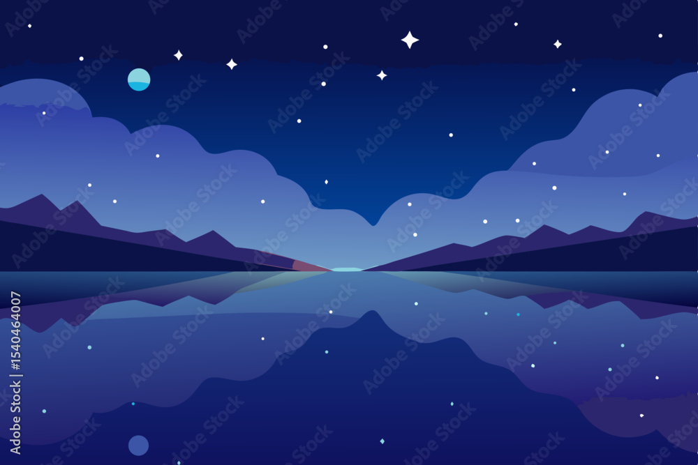 Fototapeta premium Serene Night Landscape Starry Sky, Mountain Reflection in Calm Lake