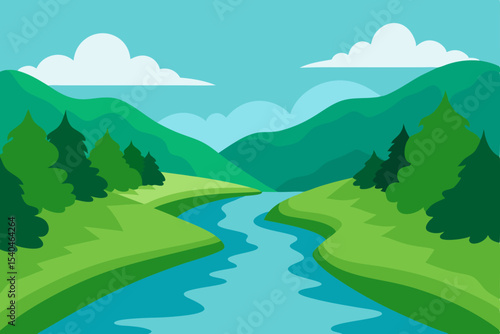 Serene River Valley Landscape  A Picturesque Mountain View with Winding River and Lush Green Foliage