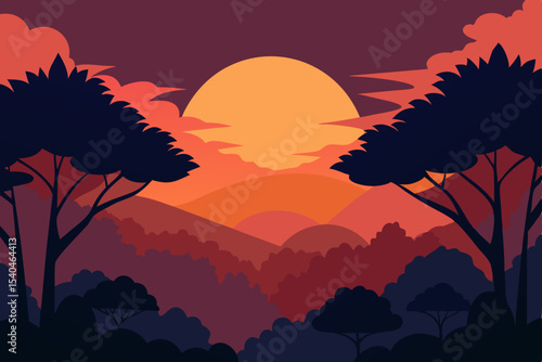Serene Sunset Landscape Silhouette Hills and Trees at Dusk
