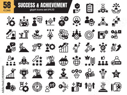 Success and achievement glyph icons set.Vector illustration