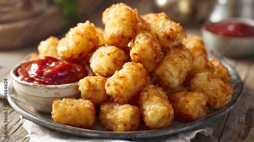 Golden crispy tater tots piled high on a vintage enamel plate with a small bowl of ketchup, natural daylight bringing out the crunchy texture and porous potato interior Golden crispy tater tots piled high on a vintage enamel plate with a small bowl of ketchup, natural daylight bringing out the crunchy texture and porous potato interior