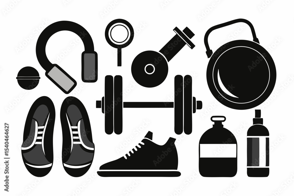 Obraz premium Fitness Equipment Icons A Stylish Set of Gym Gear Symbols for Branding and Design Projects