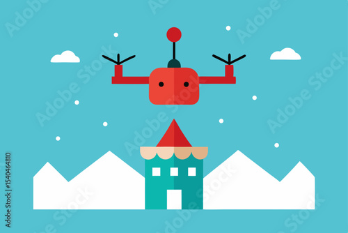 a delivery drone buzzing over snowy rooftops with  