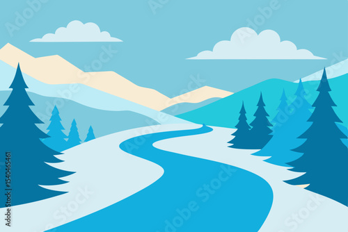 Serene Winter Landscape River Winding Through Snowy Mountains