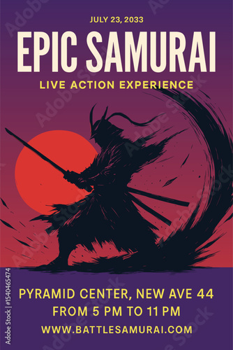 Samurai warrior silhouette with katana in front of red sun and purple background for battle poster or Japanese martial arts event