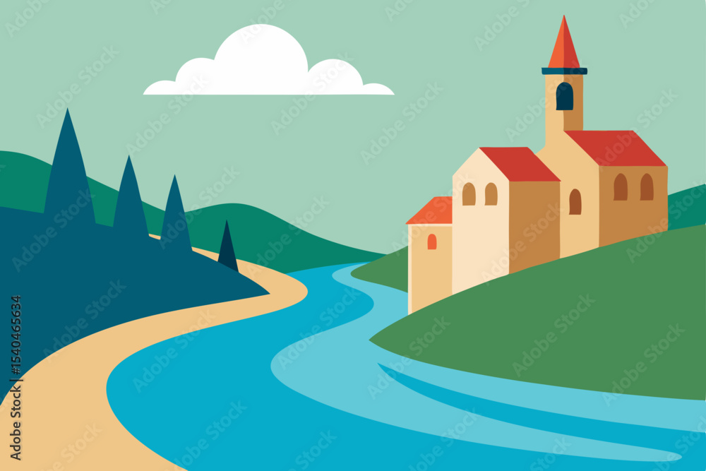Naklejka premium Serene River Landscape Picturesque Village and Winding Waterways